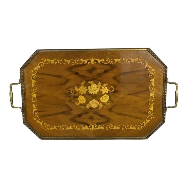 Vintage Italian Wood Marquetry Tray Sorrento Inlaid Brass Edge Handles For Sale