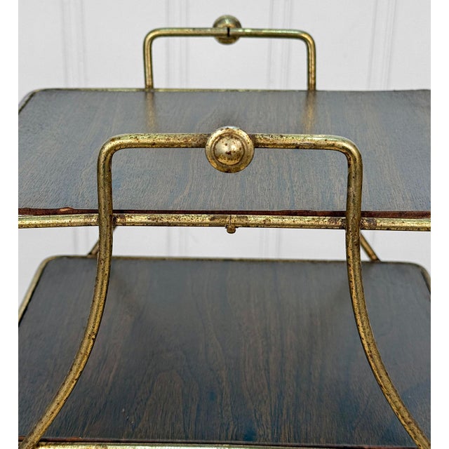 Metal Mid-Century Atomic Faux Walnut Gold Tiered Plant Stand For Sale - Image 7 of 10