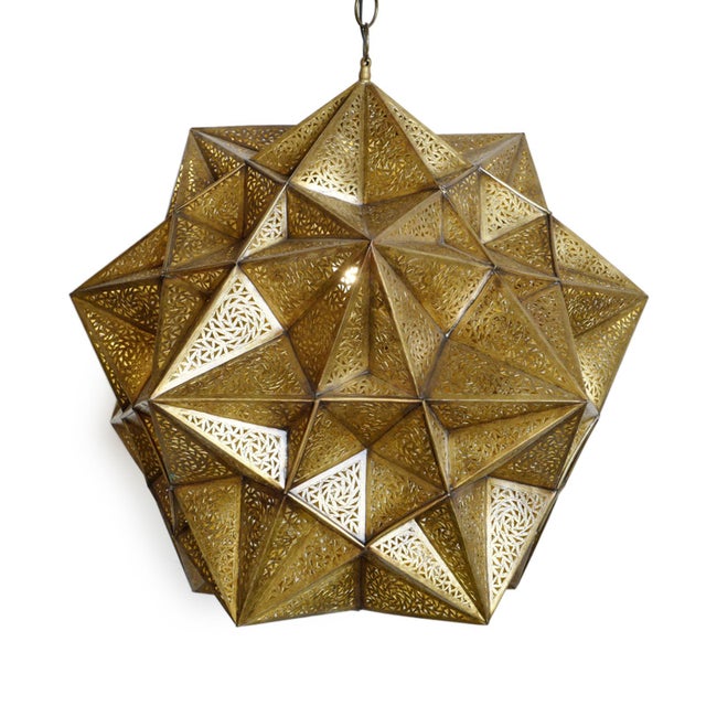 Indian Vintage Indian Brass Origami Star Pendant Light Large For Sale - Image 3 of 9