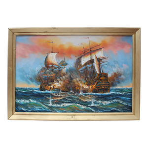 Late 20th Century J.Harvey Large Oil Painting on Canvas, Ships Battle at Sea, Signed, Framed