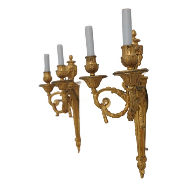 Vintage French Bronze Louis XVI Twin Arm Sconces - a Pair For Sale