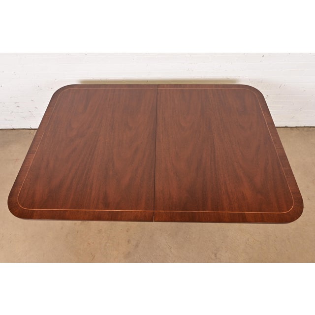 Kindel Furniture Georgian Banded Mahogany Double Pedestal Extension Dining Table, Newly Refinished For Sale - Image 9 of 13