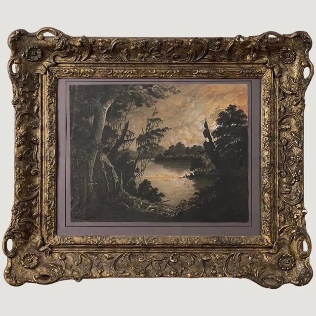 Antique 19th C. Continental Gouache Moonlit Riverscape, Framed (From Joseph Jefferson Collection) For Sale - Image 13 of 13