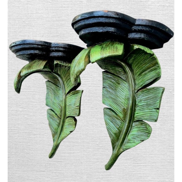 Sculpture Materials Vintage Handpainted Palm Beach Regency Oversized Curved Leaf Wall Brackets Shelf-a Pair For Sale - Image 7 of 9