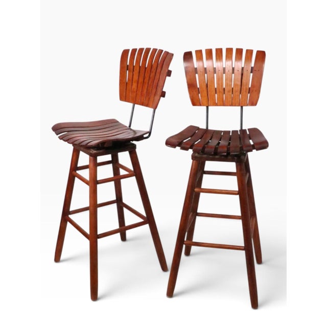 Pair Mid Century Wood Slat Swivel Bar Height Stools by Arthur Umanoff For Sale - Image 11 of 12