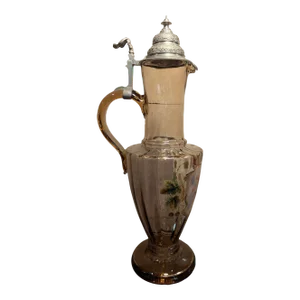 Late 19th Century Hand Blown Glass Tankard With Cherubs and Pewter Lid