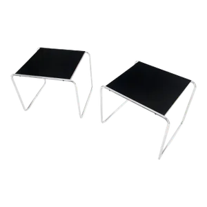 Pair Marcel Breuer Laccio Side Tables Black Laminated Top Tubular Chromed Base