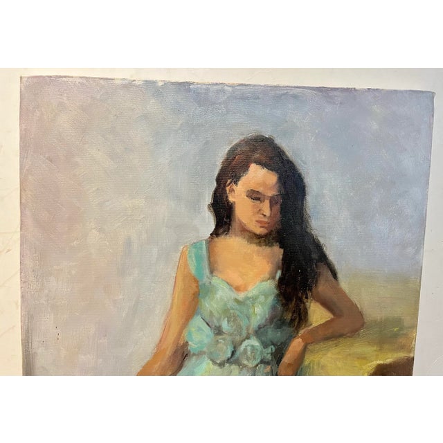 Vintage Barbara Lebhar Oil on Canvas of a Young Lady in a Blue Dress Titled Mood Indigo For Sale - Image 4 of 8