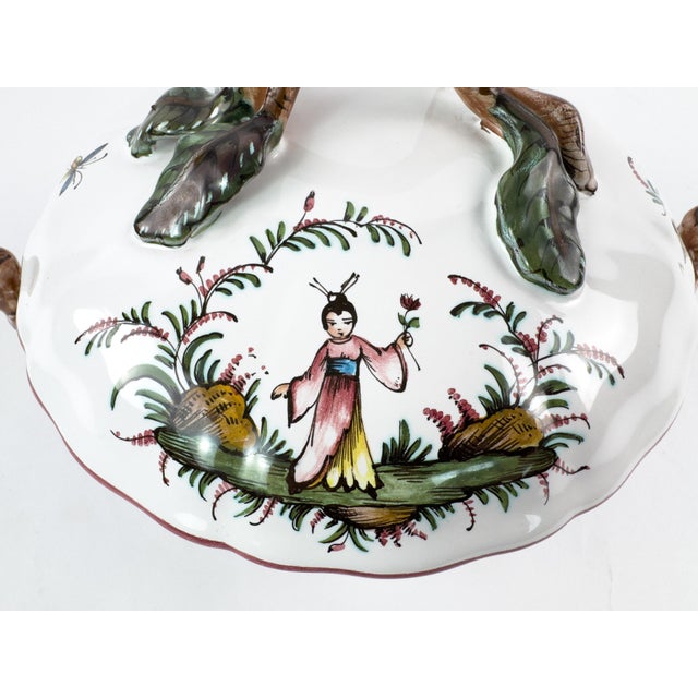 White Vintage French Lallier Moustiers Faience Lidded Bowl With Branch Handles For Sale - Image 8 of 17