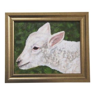 Sheep Lamb Portrait Realism English Traditional White Beige Green Original Oil Painting Cleo Plowden For Sale