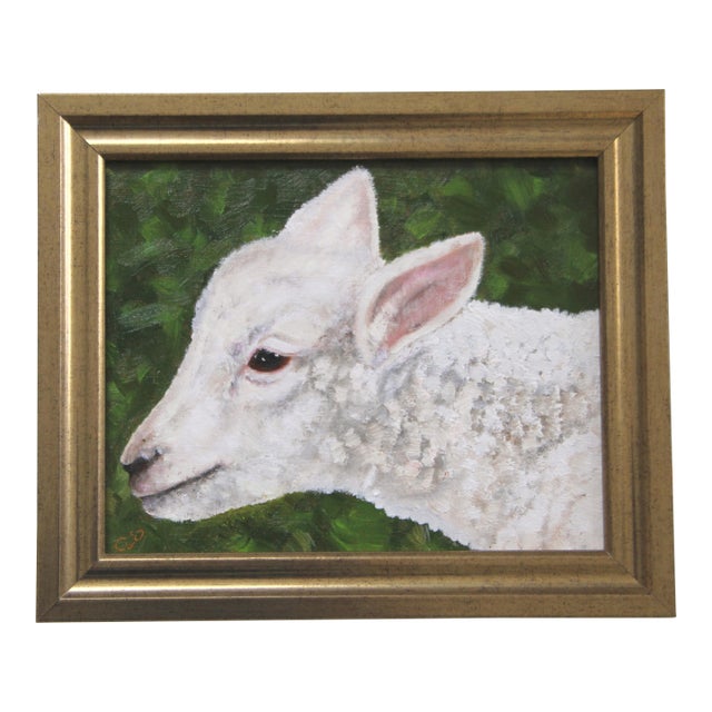 Sheep Lamb Portrait Realism English Traditional White Beige Green Original Oil Painting Cleo Plowden For Sale
