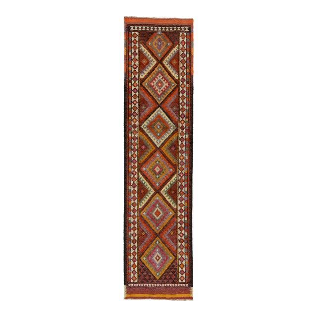 1950s Vintage Tribal Runner in Red, Orange, Multihued Geometric Patterns, Diamonds For Sale