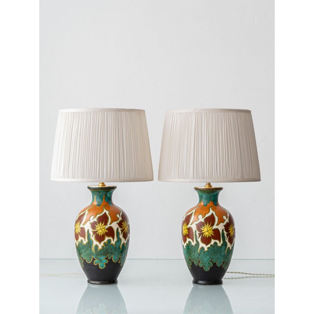 Art Deco Dutch Gouda Pottery Table Lamps with Silk Lampshade, 1920s, Set of 2 For Sale - Image 15 of 15