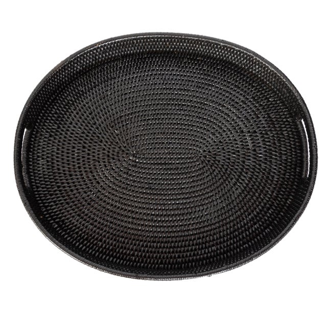 2020s Artifacts Rattan Oval Tray With Cutout Handles in Tudor Black - 18" For Sale - Image 5 of 9