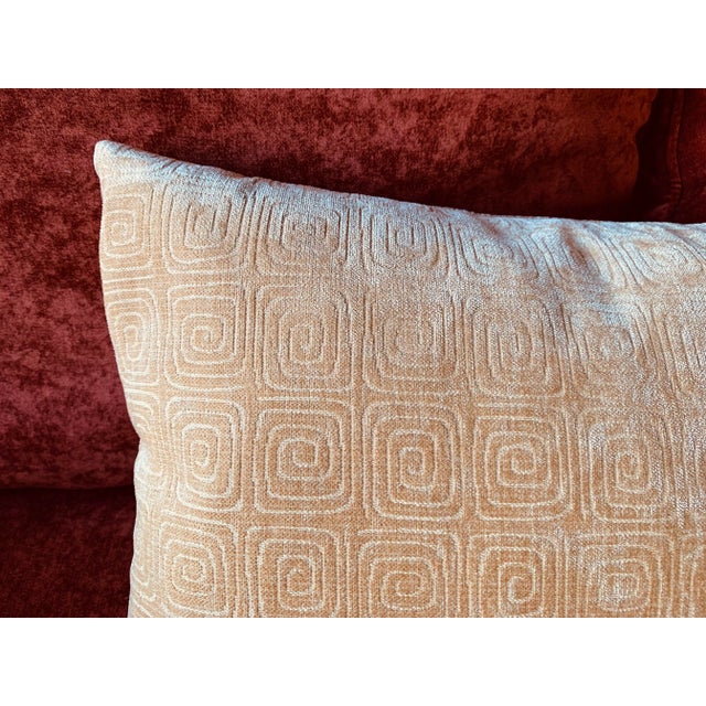 Beautiful custom goldtone velvet pillows with abstract pattern Disappearing zipper Feather inserts Excellent condition B86
