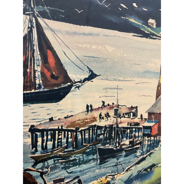 Metal Vintage Framed Harbor Landscape Print by C. Ivar Gilbert - Coastal Sailboat & Village Scene, Gold-Tone Frame For Sale - Image 7 of 12