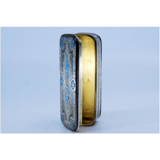 Metal Silver Snuff Box with Blue Enamelled Applications and Gold Interior For Sale - Image 7 of 11