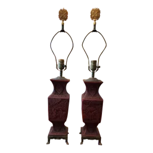 Antique Chinese Cinnabar Red Lacquer Carved Lamps- a Pair