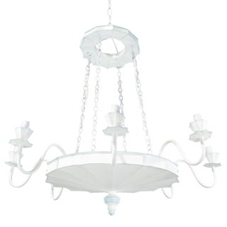 Vintage Handmade White and Light Blue Iron 8-Light Pendant Chandelier For Sale