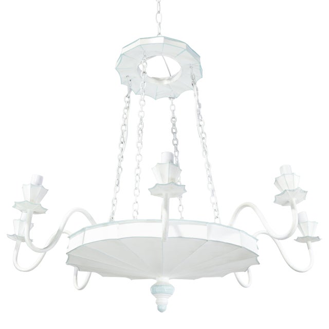 Vintage Handmade White and Light Blue Iron 8-Light Pendant Chandelier For Sale