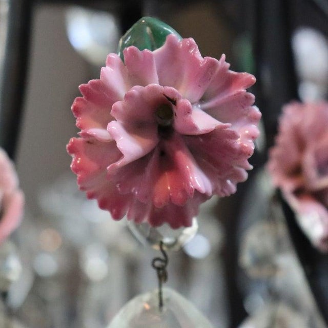 Mid-Century Modern Vintage Crystal, Glass & Ebonized Iron 5-Light Chandelier With Porcelain Flowers For Sale - Image 3 of 11