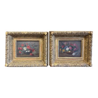 Pair of 19th Century French Still Life Floral Paintings in Carved Gilt Frames For Sale