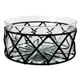 Brutalist Handblown Caged Glass Bowl With Wrought Iron Frame, Mexico c.1970s For Sale