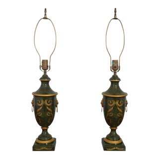 Pair Neoclassical Toleware Decorated Urn Table Lamps For Sale