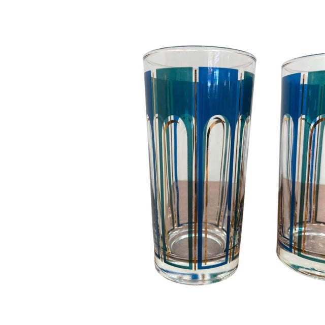 Glass Vintage Mid-Century Modern Blue Geometric Highball Glasses - Set of 5 For Sale - Image 7 of 10
