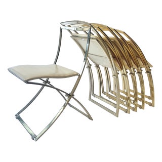 Vintage Luisa Folding Chairs in Leather and Brass by Marcello Cuneo for Mobel Italia, 1970, Set of 6 For Sale