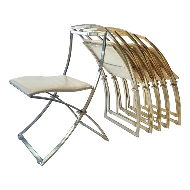 Vintage Luisa Folding Chairs in Leather and Brass by Marcello Cuneo for Mobel Italia, 1970, Set of 6 For Sale
