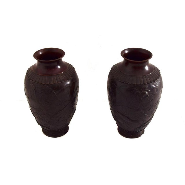 Antique Japanese Meiji Embossed Bronze Vases, 19th Century, Set of 2 For Sale - Image 3 of 5