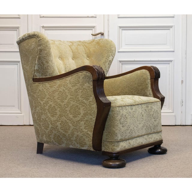 Vintage Swedish Wingback Chair with Golden Velvet and Carved Oak Armrests, 1920s For Sale - Image 3 of 12