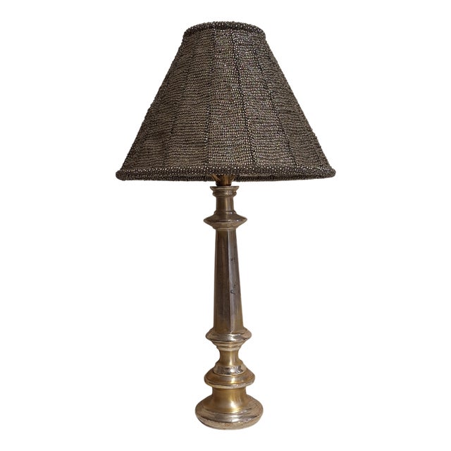 Vintage Metal Table Lamp with Glass Bead Shade, 1970s For Sale