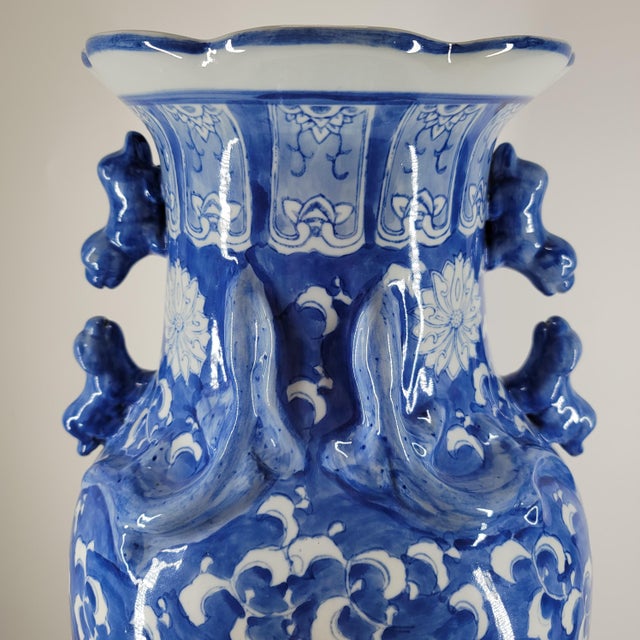 Blue Grand 40" Vintage Blue & White Chinoiserie Floor Vase & Carved Stand For Sale - Image 8 of 17