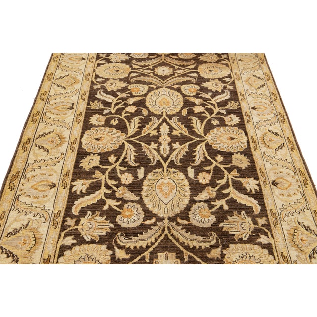 Brown Modern Peshawar Handmade Brown Floral Wool Runner For Sale - Image 8 of 12