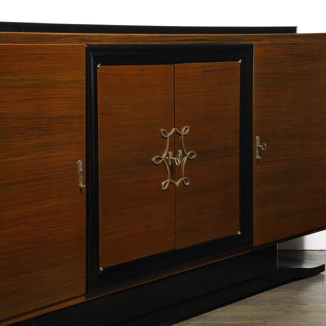 1940s Directoire Style Sideboard in Book-Matched Walnut & Black Lacquer on Plinth Base For Sale - Image 5 of 11
