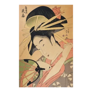 Vintage Mid Century Japanese Woodblock Geisha With Fan Print