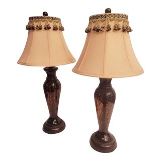 Vintage Glass Tortoiseshell Sateen Tassel Lamp Shade Table Lamps- a Pair For Sale