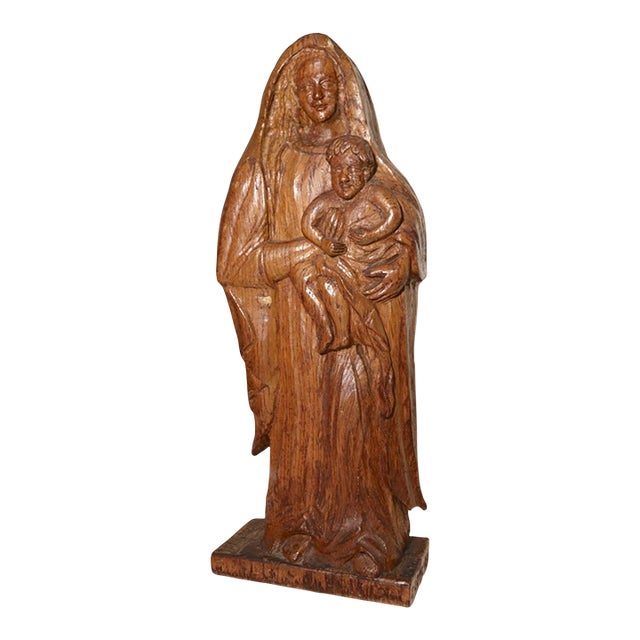 Antique Religious Folk Art Mary Jesus Hand Carved Wood Sculpture Statue Santos For Sale