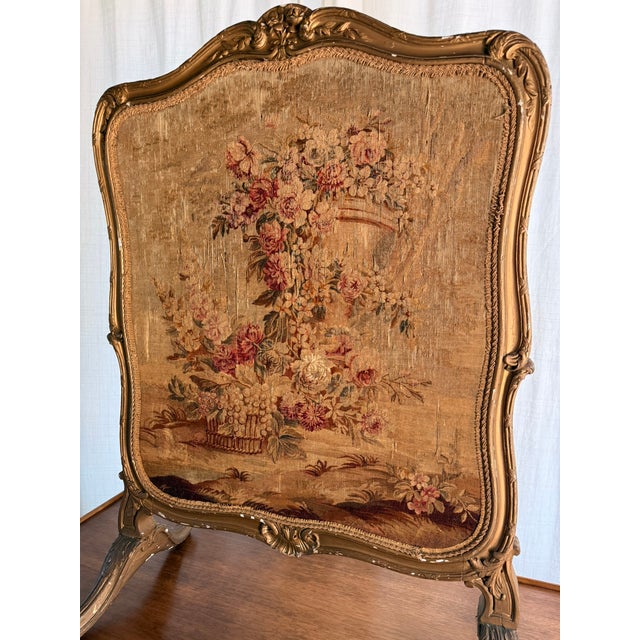 Antique 19th C French Louis XV Revival Gilt Wood & Woven Tapestry Fire Screen For Sale - Image 4 of 12