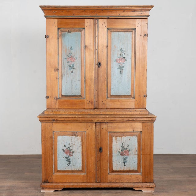 Farmhouse Early 19th Century Swedish Pine Cabinet With Original Painted Floral Panels For Sale - Image 3 of 15