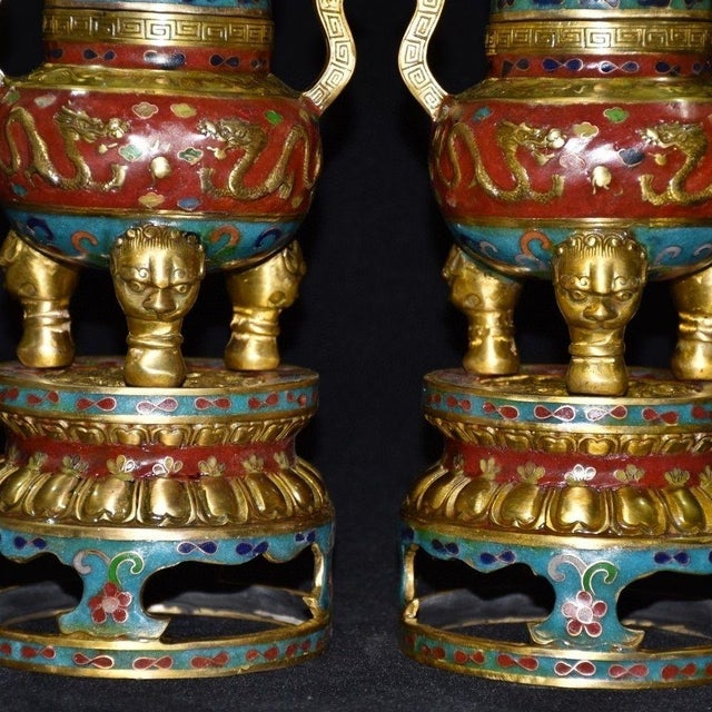 Metal Pair of Vintage Cloisonné Enamel & Gilt Bronze Pagoda Censers / Shrine Vessels For Sale - Image 7 of 9