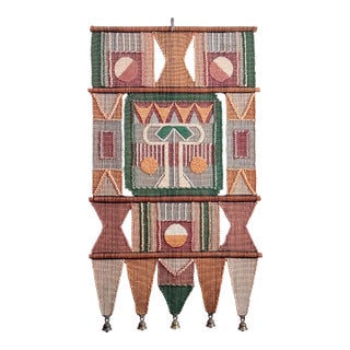 Vintage 1970s Geometric Studio Fiber Art Wall Hanging in Earth Tones With Brass Bells For Sale