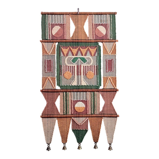 Vintage 1970s Geometric Studio Fiber Art Wall Hanging in Earth Tones With Brass Bells For Sale