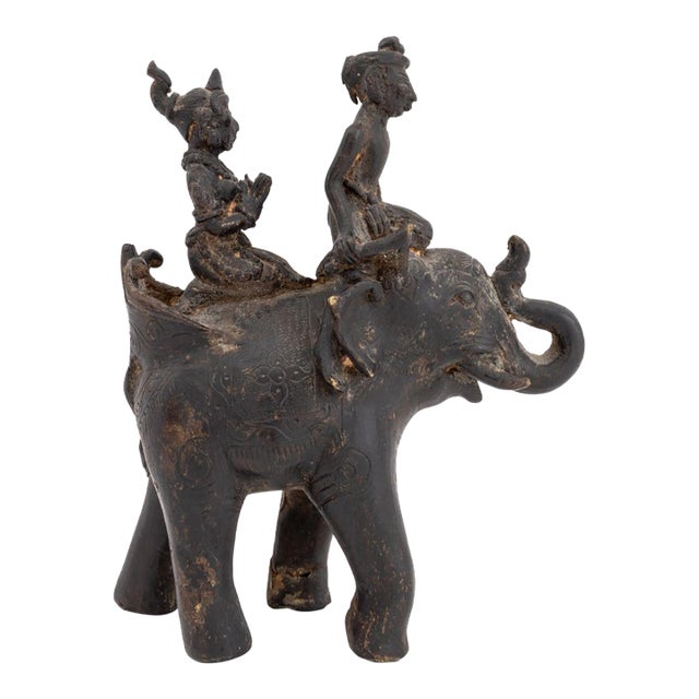 Thai Figures Atop Elephant Metal Sculpture For Sale