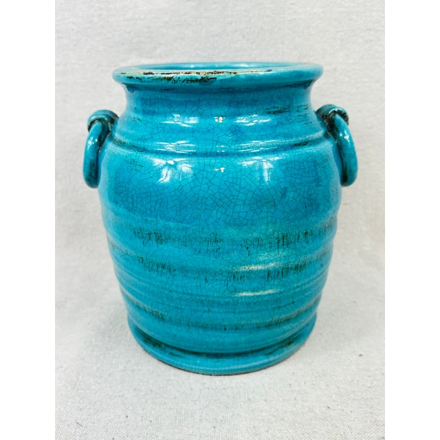 Turquoise Ceramic Crock With Handles For Sale - Image 4 of 8
