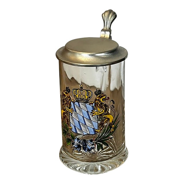 Late 20th Century Mid Century Modern German Deckel Rein-Zinn Pewter Lid Lion Crest Crystal Stein Lid For Sale