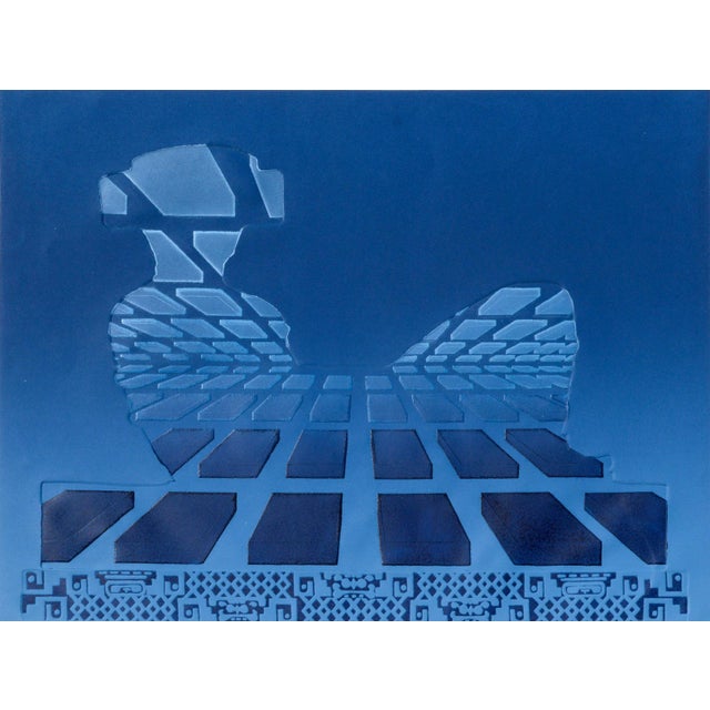 Bold geometric composition of Mayan Chac Mool sculpture by Marilyn Kruger (American, 20th Century). Numbered, titled, and...