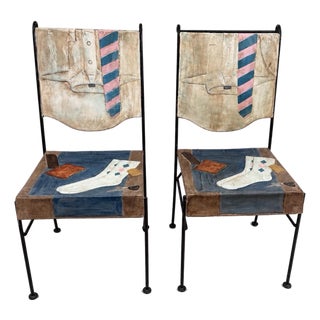 Pair of Vintage Trompe L’oeil Hand-Painted Iron and Fiberglass Chairs, Style of John Vesey For Sale